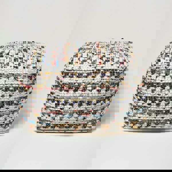 HOMESCAPES Cream Chindi Design Bean Filled Pouffe