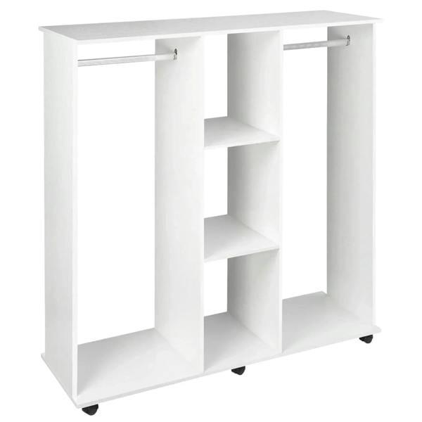 White open wardrobe organizer with shelves and 6 rolling wheels