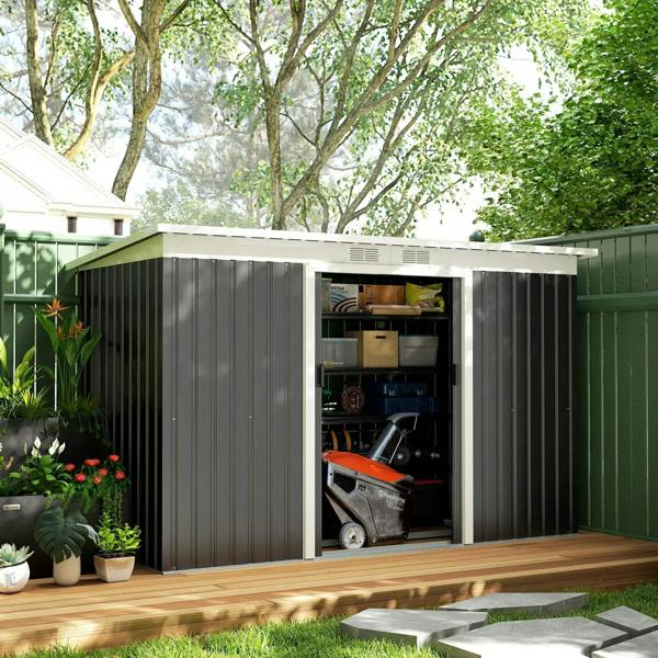 Dark grey metal garden shed with open double doors, tools and items stored inside