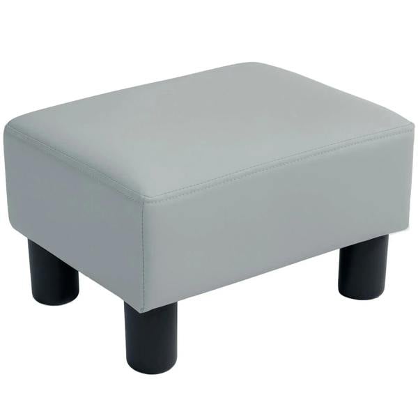 Grey PU leather footstool with padded top and 4 black plastic legs