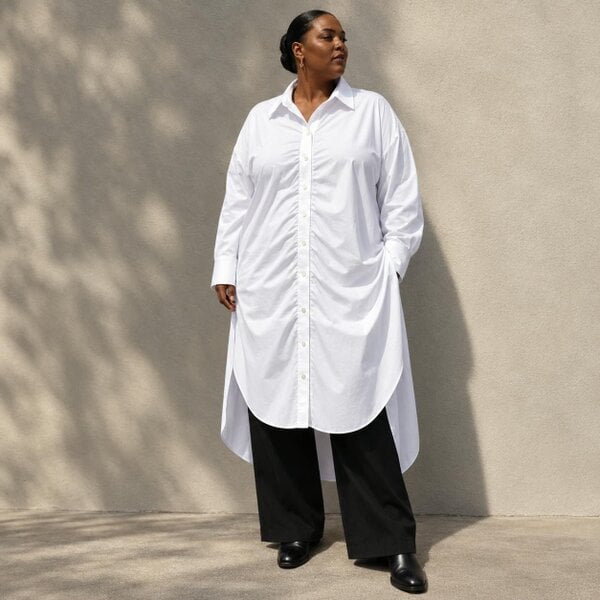 Sylvia Piechulla Plus Size White Ruched Longline Cotton Poplin Shirt Dress