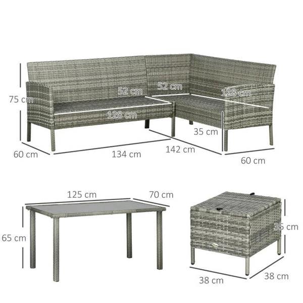 Rattan outdoor dining set with sectional sofa, glass table, footstool and dark blue cushions (sizes shown)