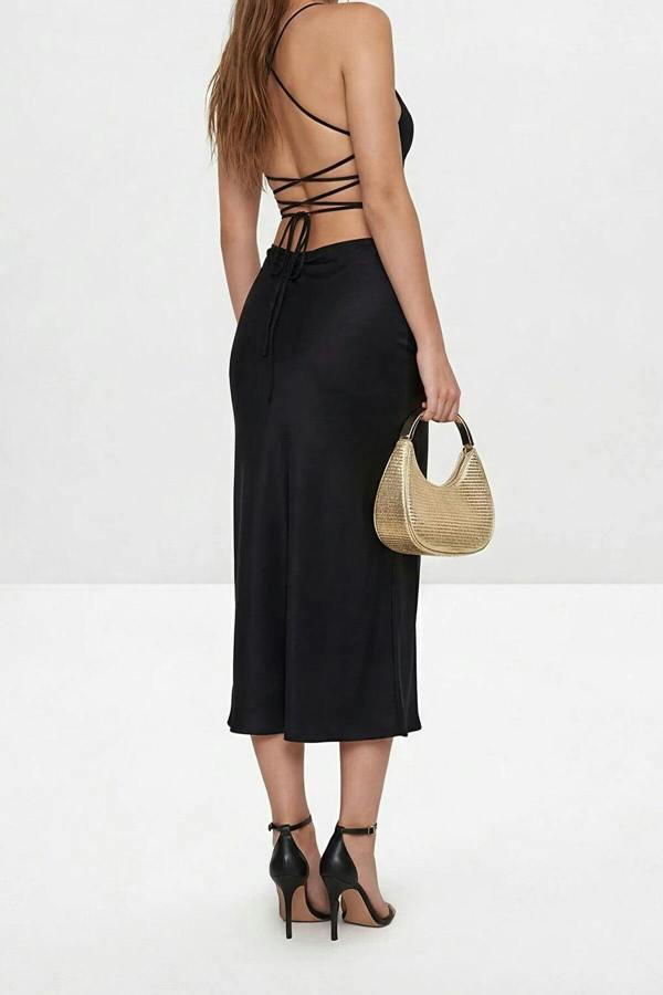 WOVCOR Backless Lace-up Strap Slit Detail Party Dress