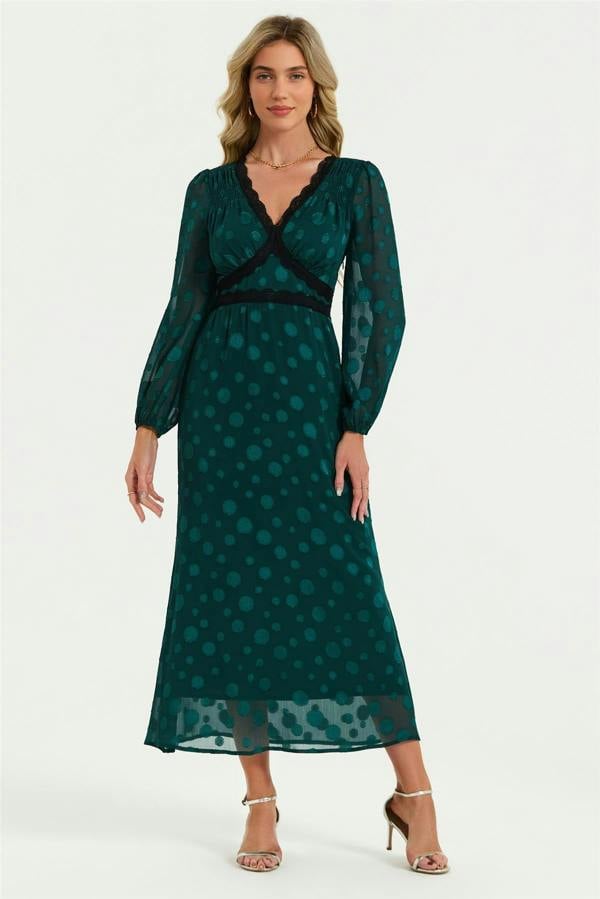 FS Collection Long Sleeve Dot Jacquard Lace Trim Maxi Dress In Green