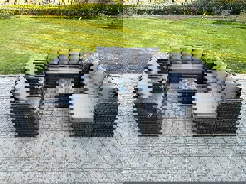 Fimous High Back Rattan Garden Furniture Set with Square Coffee Table 2 Side Tables Big Footstool Indoor Outdoor Patio Lounge Sofa Set Dark Grey Mixed