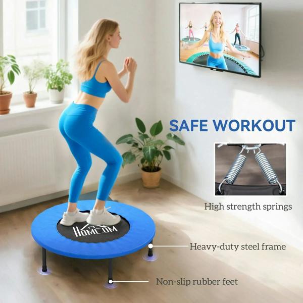 Blue mini fitness trampoline with black jumping mat, heavy-duty legs and non-slip feet