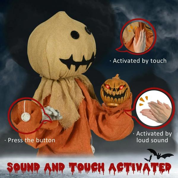 Halloween scarecrow decoration doll with beige hood and glowing jack-o-lantern lantern