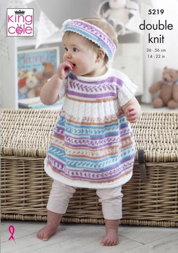 King Cole Cherish DK Knitting Pattern 5219, Cardigans, Coats, Headwear, Dresses for Baby, Kids, 14 - 22 Inches
