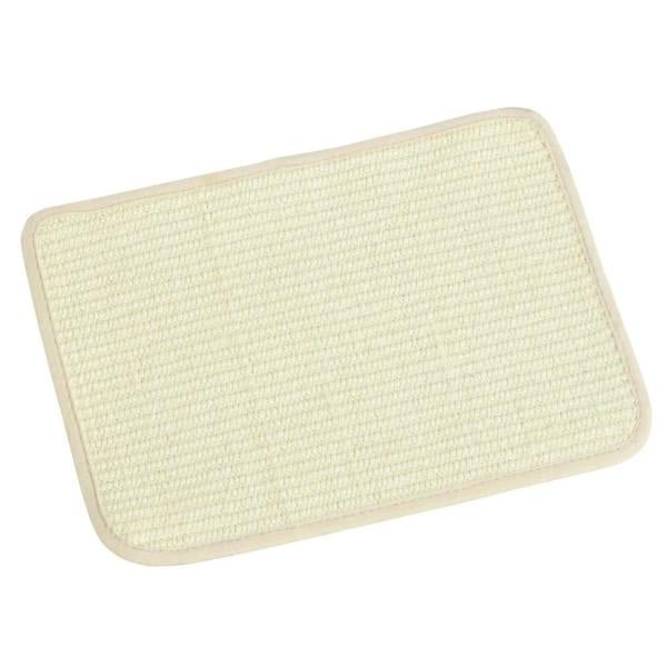 Beige woven scratching mat with curved edges and rectangular shape