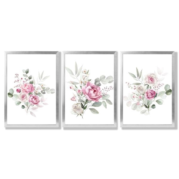 Set of 3 Pink Roses with Eucalyptus Bouquets Framed Art Prints with Silver Wood Frames