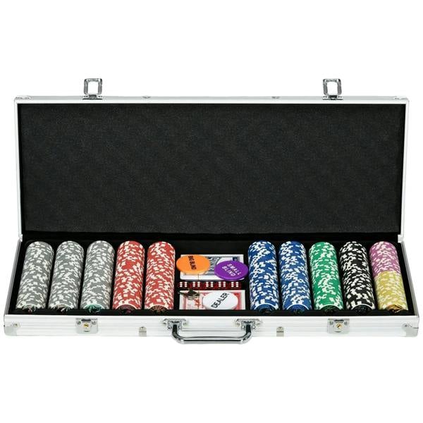 Aluminum poker chip carrying case with rows of mixed-color chips and card decks inside