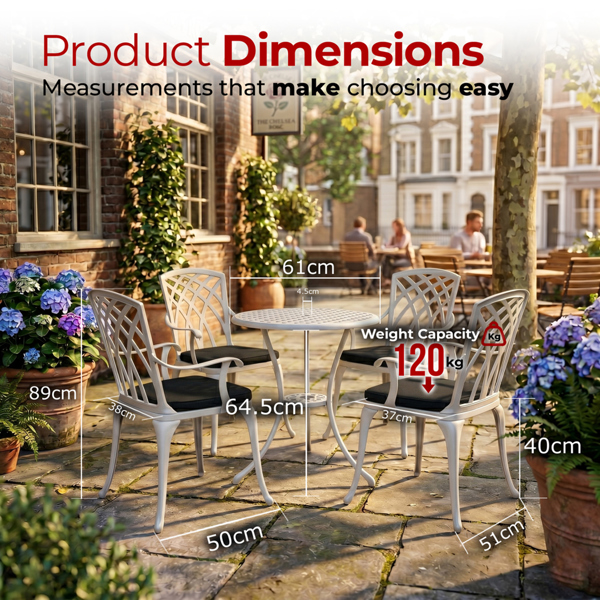 Centurion Supports OSHOWA Luxurious Garden and Patio Table and 4 Large Chairs with Armrests Cast Aluminium Bistro Set - White with Black Cushions