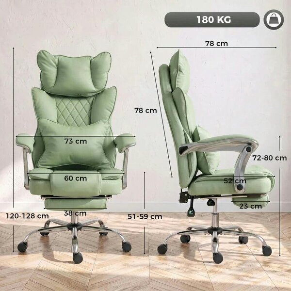 Executive Office Chair, PU Big and Tall Office Chair 180 kg with Wide Seat, Reclining, Lumbar Support, Light Green
