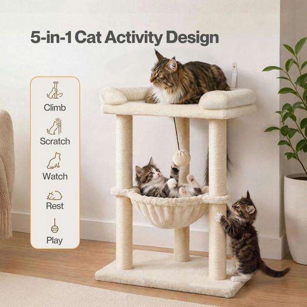 Skylos Cat Tree Tower Bed with Hammock Ball Scratching Post Large Perch Beige