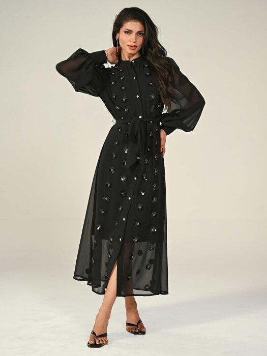 Rose & Nancy Morena Black Hand Embellished Midi Shirt Dress