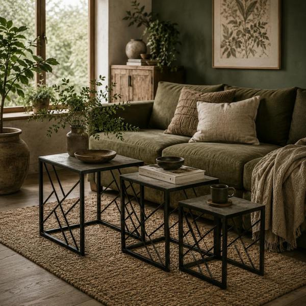 Wyld Haus Safi Metal And Wood Grey Set Of 3 Square Nesting Side Tables With Black Frame