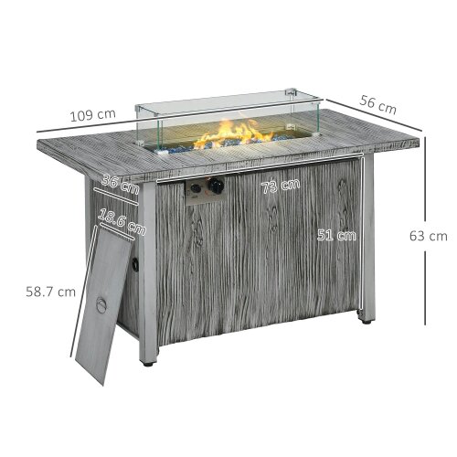 Wyld Haus Zisefasu Steel Grey Wood Effect Gas Fire Pit Table with Cover And Glass Screen