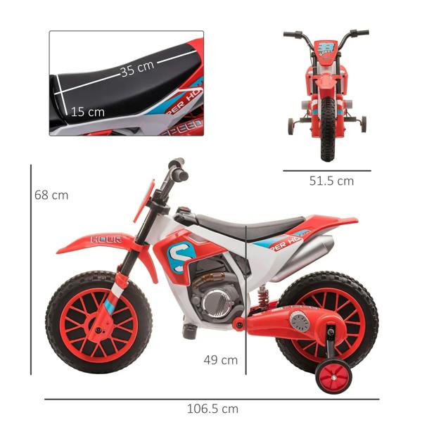 Red and white kids electric motorcycle ride-on, side profile with seat detail and dimensions