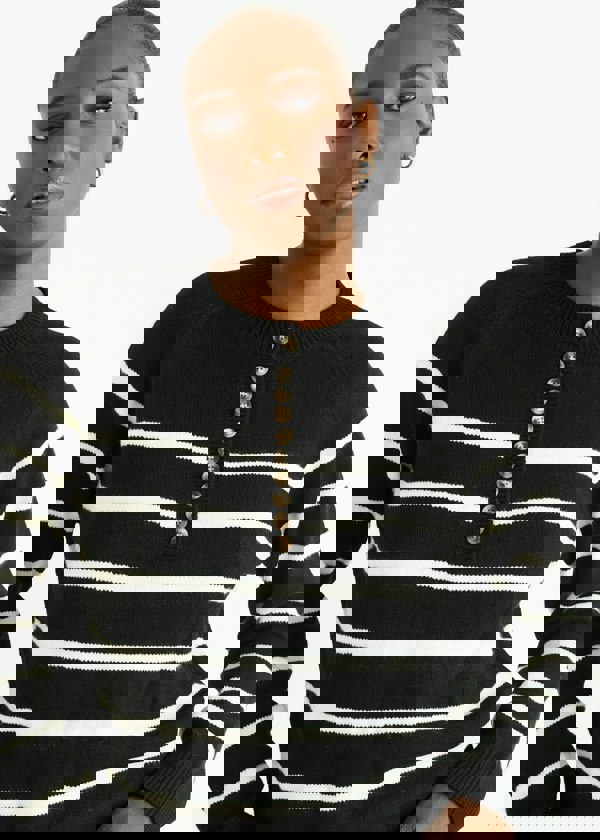 Gini London Black Recycle Stripe Button Up Loose Fit Knit Jumper