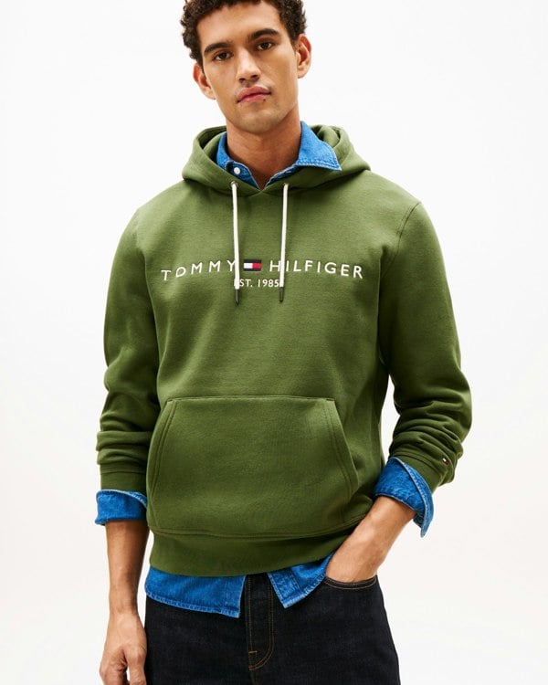 Tommy Hilfiger Tommy Logo Flex Fleece Hoodie - Mountain Pine - CHO - Designer Mens Hoodies