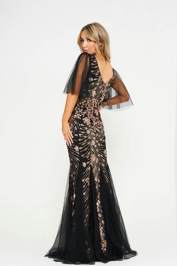 LuvForever Neria - Black Flared Sleeve Sequin & Mesh Maxi Dress