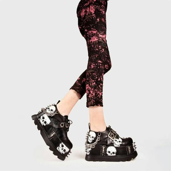 Lamoda Maniac Black PU Skull Chunky Platform Wedge Shoes Gothic Punk