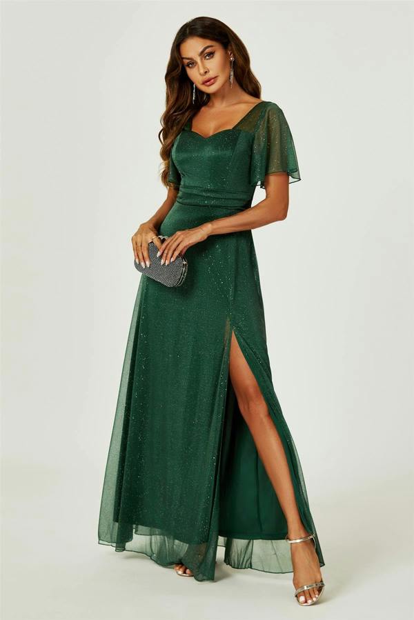 FS Collection Silver Sparkly Empire Waist Bridesmaid Maxi Dress In Green
