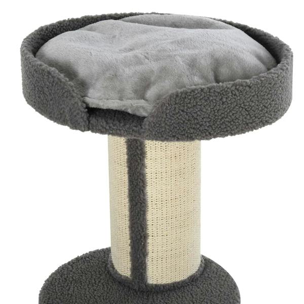 Grey plush round cat tree perch with beige sisal post