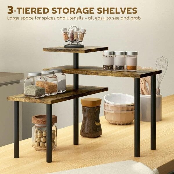 Bobobiy 3-Tier Kitchen Countertop Organiser, Adjustable Spice Rack, Corner Shelf for Kitchen, Coffee Bar, Bathroom, Rustic Brown
