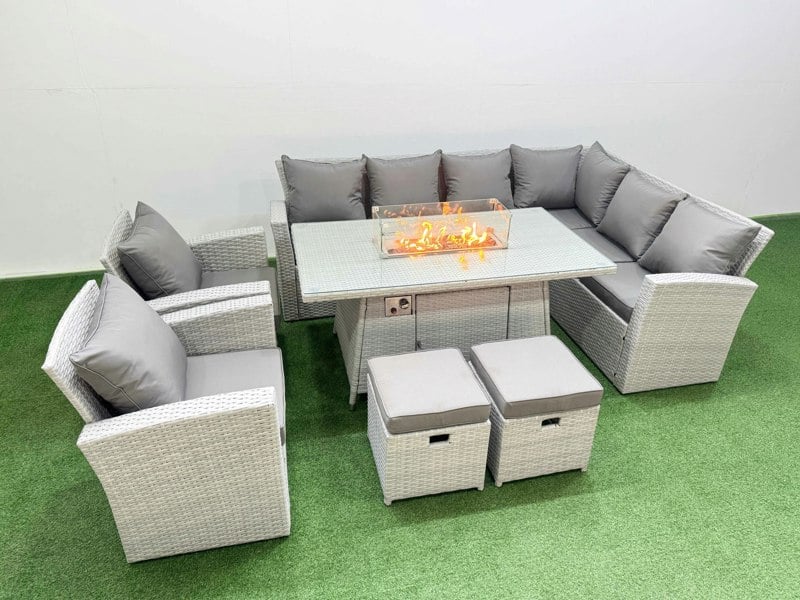 Fimous Rattan Corner Sofa Chair Set Outdoor Furniture Garden Dining Set Gas Fire Pit Table with Temper Glass 2 Footstools Light Grey Mixed
