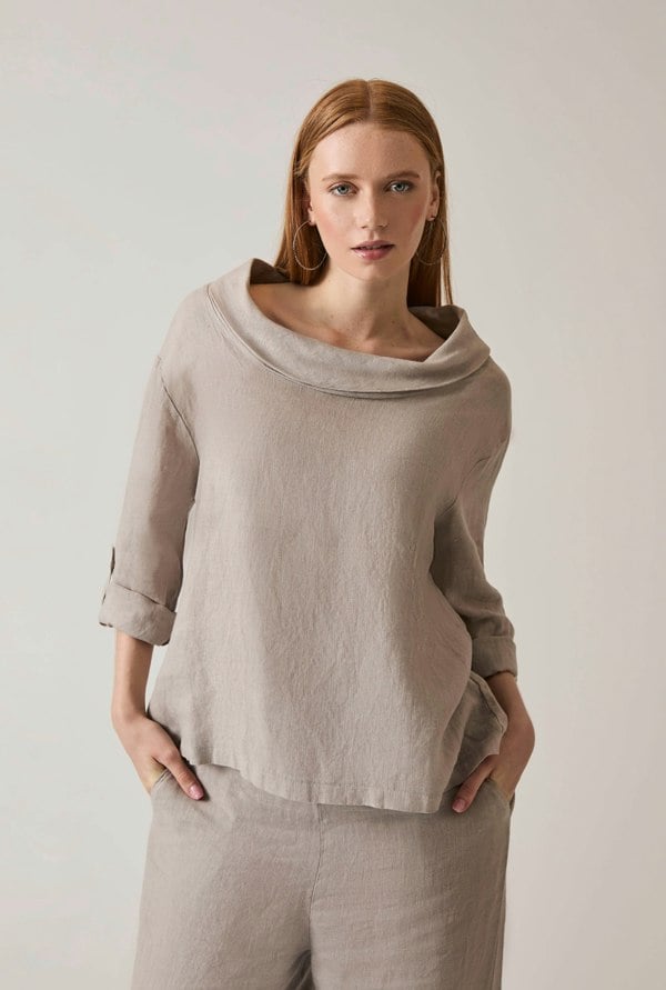 Taupe linen top with draped cowl neckline
