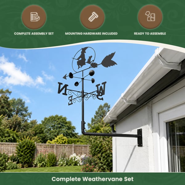 Witch Steel Weathervane, Black Painted All-Steel Weather Vane With Wall Fixings and 1.7m Ground Spike, Wind Speed Cups