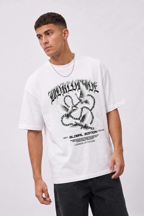London Attitude Worldwide Global Edition Oversized Heavyweight Graphic T-Shirt in White