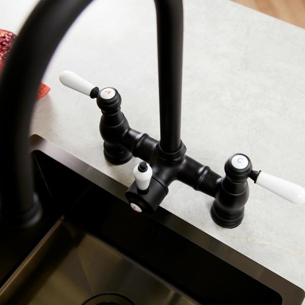 Flode klas | Traditional Bridge Style 3 in 1 Instant Boiling Tap | White Ceramic Levers | Matt Black Finish