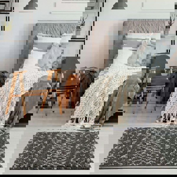 Moroccan dark grey shaggy rug non-shedding, pet-friendly, and easy to clean