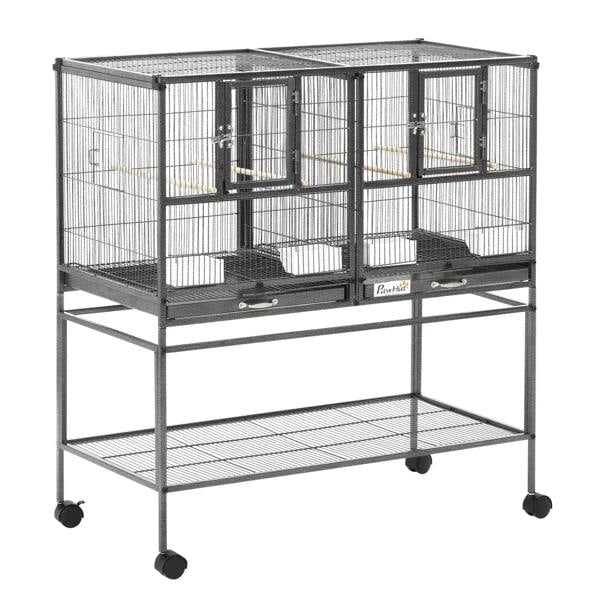 Large black bird cage with divider and slide tray, two-tier wire bars