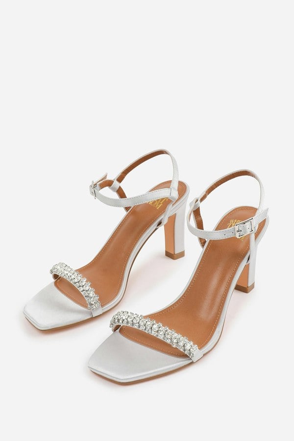 Where's That From Nala Wide Fit Diamante Embellished Strappy Block Heel in Silver Satin