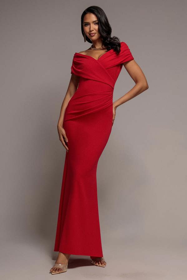 Pleated Bardot Wrap Mermaid Maxi Dress - Red DR5289