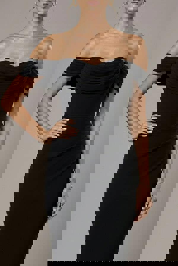 Chiffon Off The Shoulder Cowl Neck Maxi Dress - Black DR2690