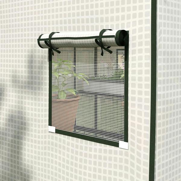 White PE greenhouse cover roll-up mesh window with black/green roller and fasteners