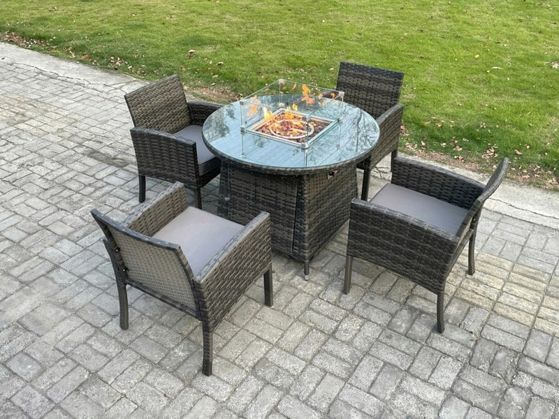 Fimous Outdoor PE Rattan Garden Furniture Set Gas Fire Pit Round Table Sets Gas Heater with 4 Seater Dining Cahirs Dark Grey Mixed