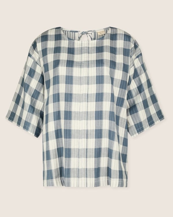Oragnic Cotton Doris Multicolour Marine Check Print Tie Back Top- image 3