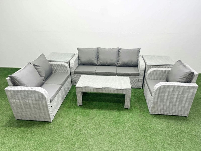 Fimous 6-Seater Light Grey PE Rattan Outdoor Sofa Set | Oblong Coffee Table, Reclining Chair, Loveseat, 3-Seater Sofa, 2 Side Tables