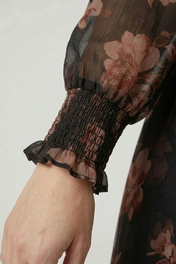 Black | Floral Semi Sheer Layered Tie Midi Dress
