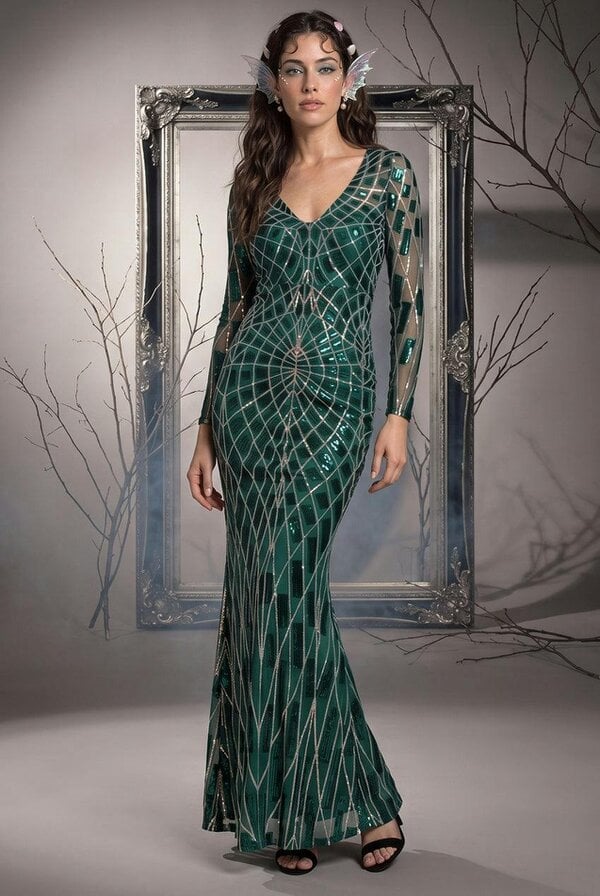 Goddiva Iridescent Long Sleeve Sequin Mermaid Inspired Halloween Costume - Emerald Green by Goddiva