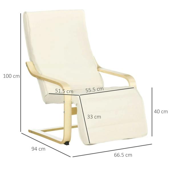 Cream recliner lounge chair with curved light wood frame and adjustable footrest