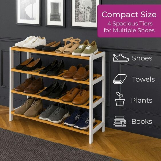 Neo White/Wood 4-Tier Bamboo Shoe Rack Wooden Shoe Storage Organiser Shelf for Hallway, Entrance Living Room