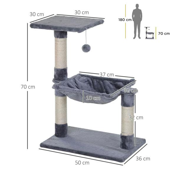 Grey cat tree with platforms, sisal posts, and hammock bed shown