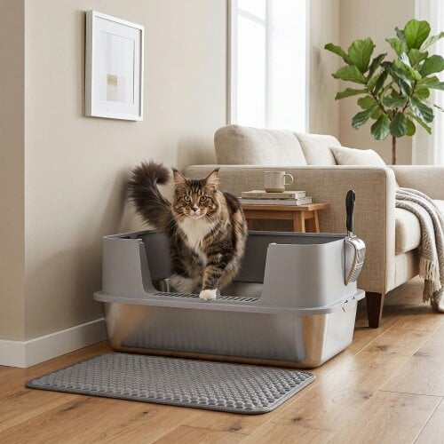 PawHut Stainless Steel Litter Box with Scoop, High Sided Cat Litter Tray