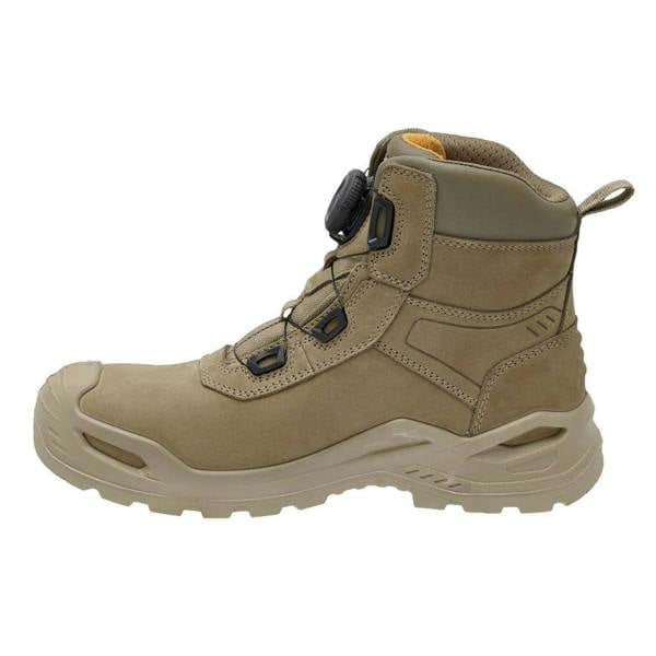 DeWalt Lander Boa Mens Safety Work Non-Metallic Safety Ankle Boots, rugged tan work boots with padded collar and quick-lace system.